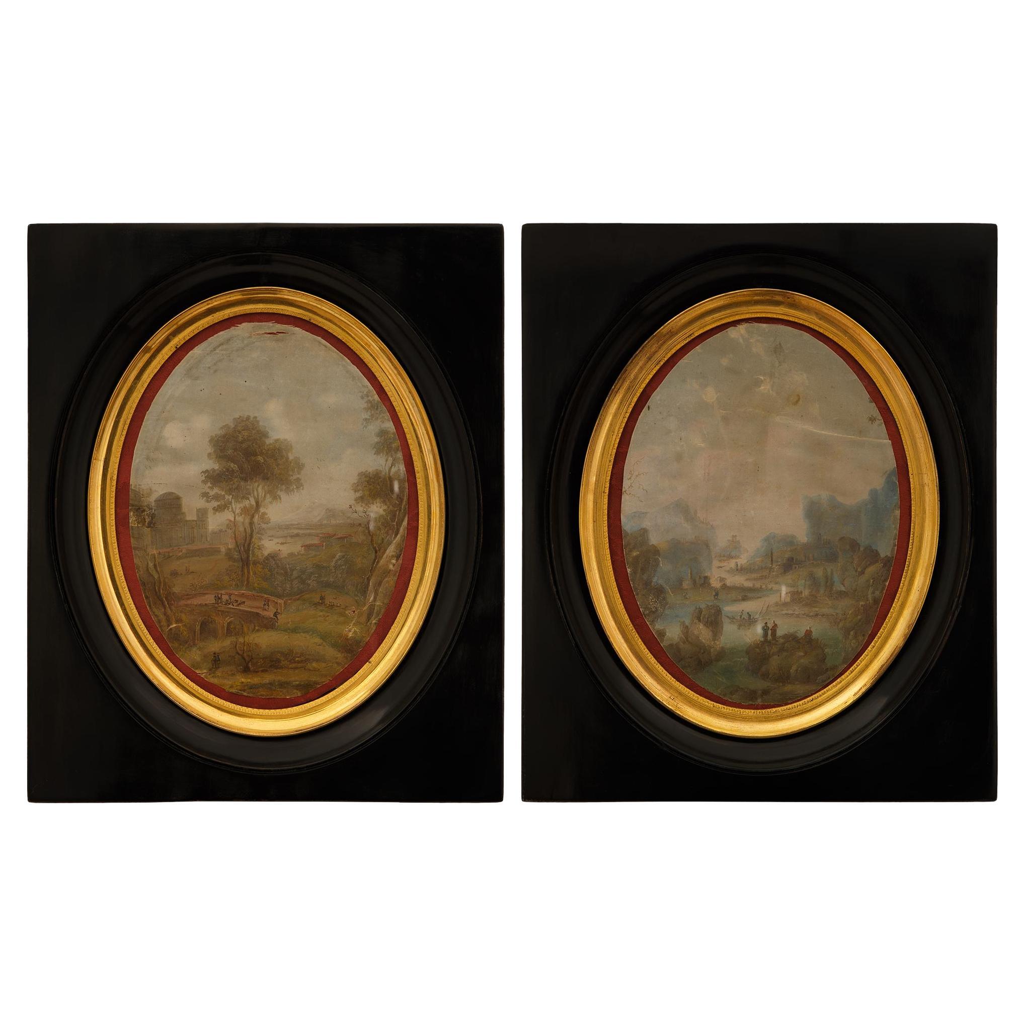 Paire de tableaux néo-classiques italiens du XIXe siècle en ébène, bois doré et soie