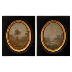 Antique pair of Italian 19th century Neo-Classical Ebony, Giltwood and Silk paintings