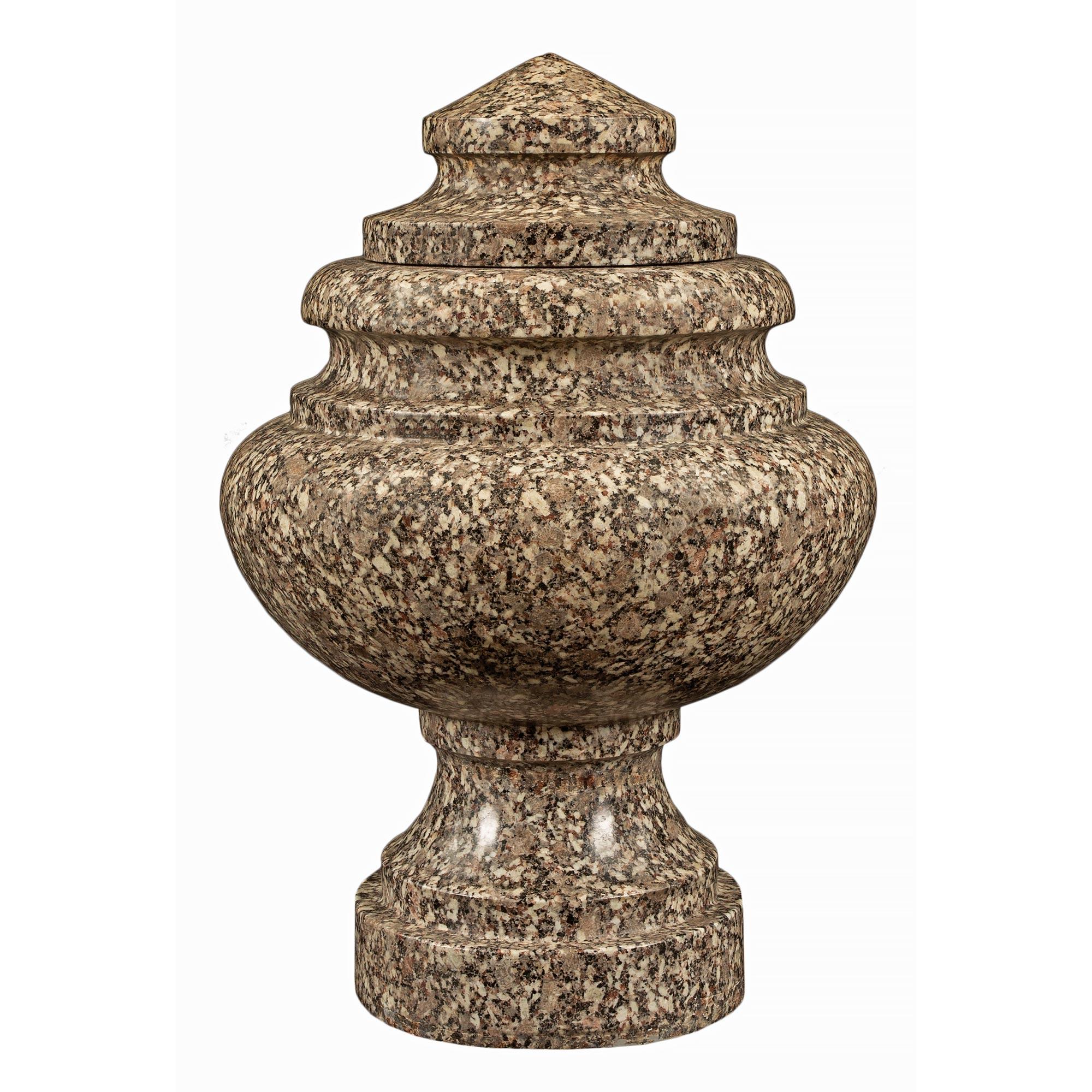 A stunning pair of Italian 19th century Neo-Classical st. granite lidded urns. Each urn is raised by a circular mottled base and socle pedestal. The body displays an elegant shape and mottled rim blow the removable lid which ends in a unique and