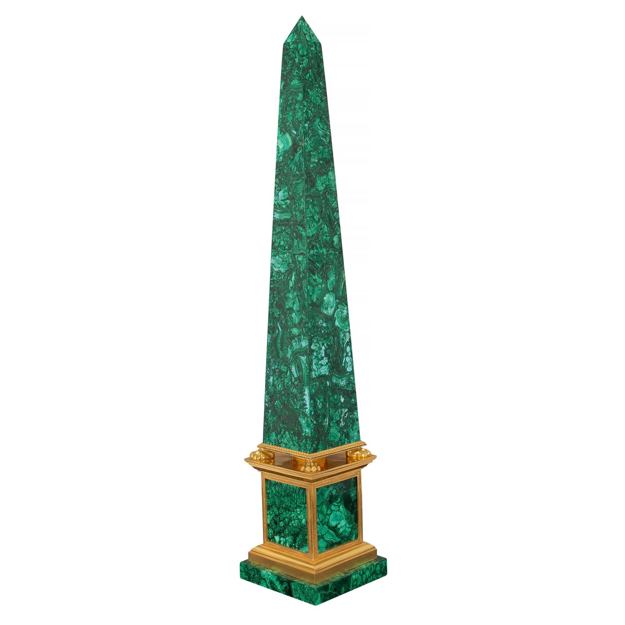Pair of Italian 19th Century Neo-Classical St. Malachite and Ormolu Obelisks In Good Condition For Sale In West Palm Beach, FL
