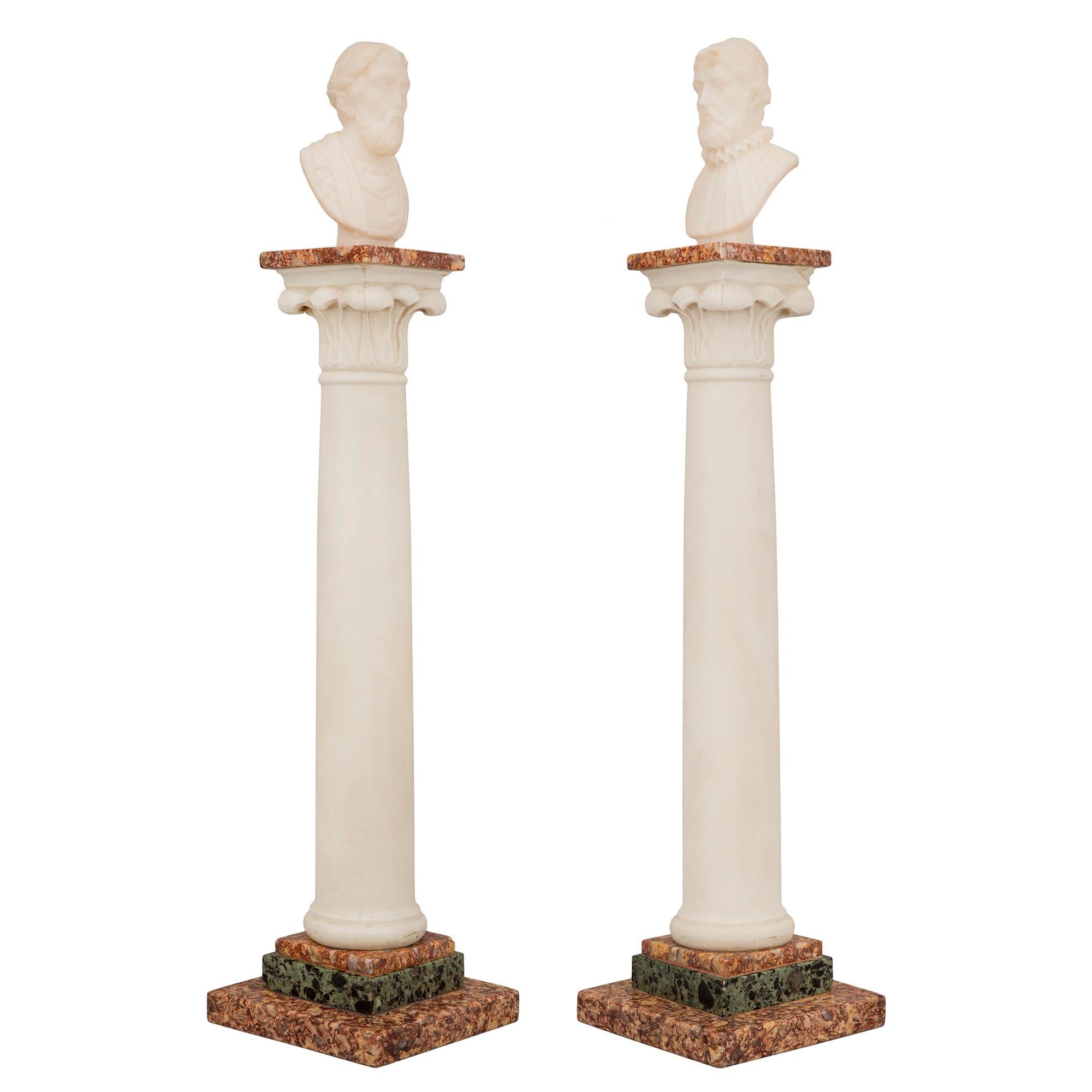 An exceptional pair of Italian 19th century neo-classical st. Grand Tour marble columns. Each handsome column is raised by a square Brocatelle d’Espagne base with a fine stepped design and Vert Antique marble. The circular central white Carrara