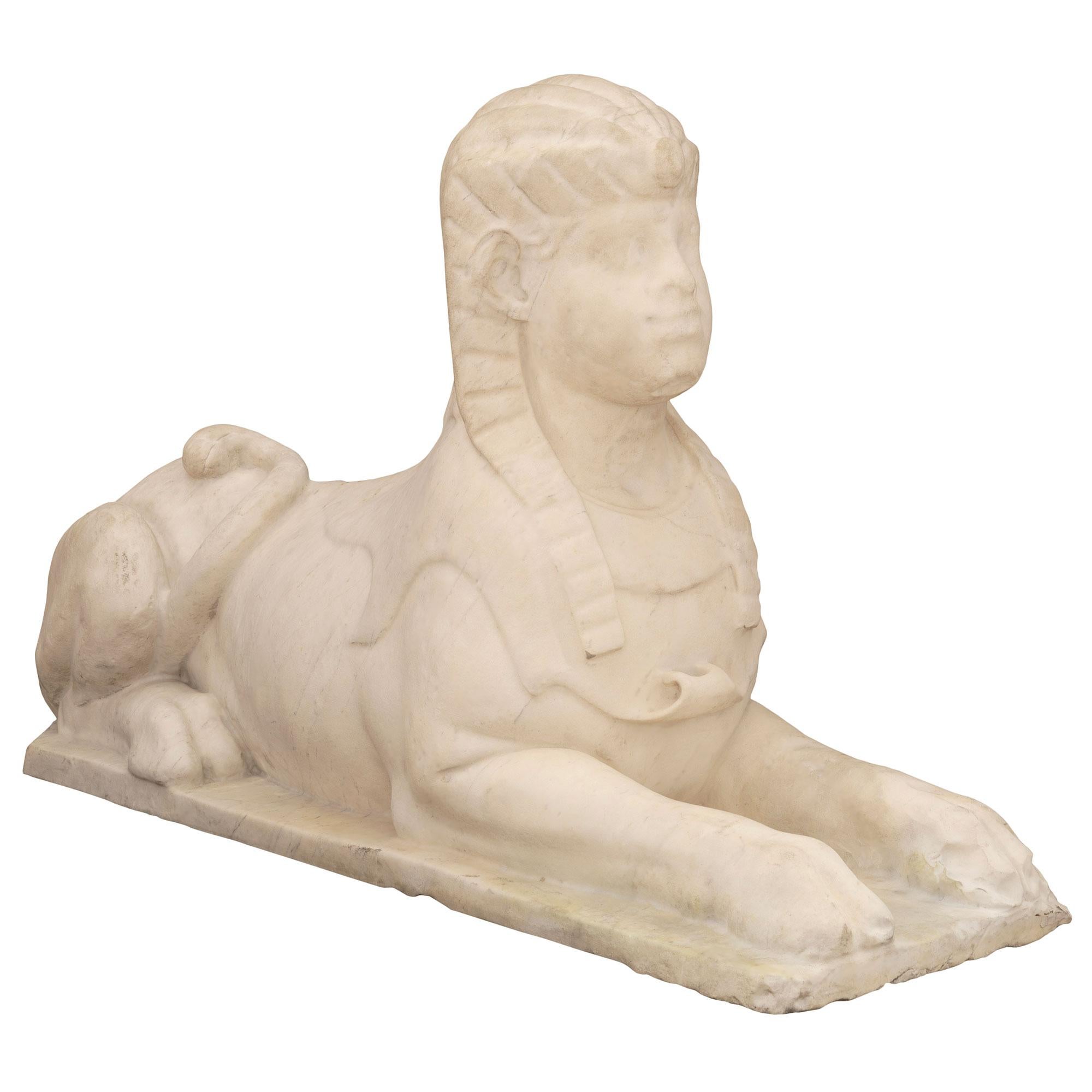 Pair of Italian 19th Century Neoclassical Style Marble Egyptian Sphinxes In Good Condition For Sale In West Palm Beach, FL