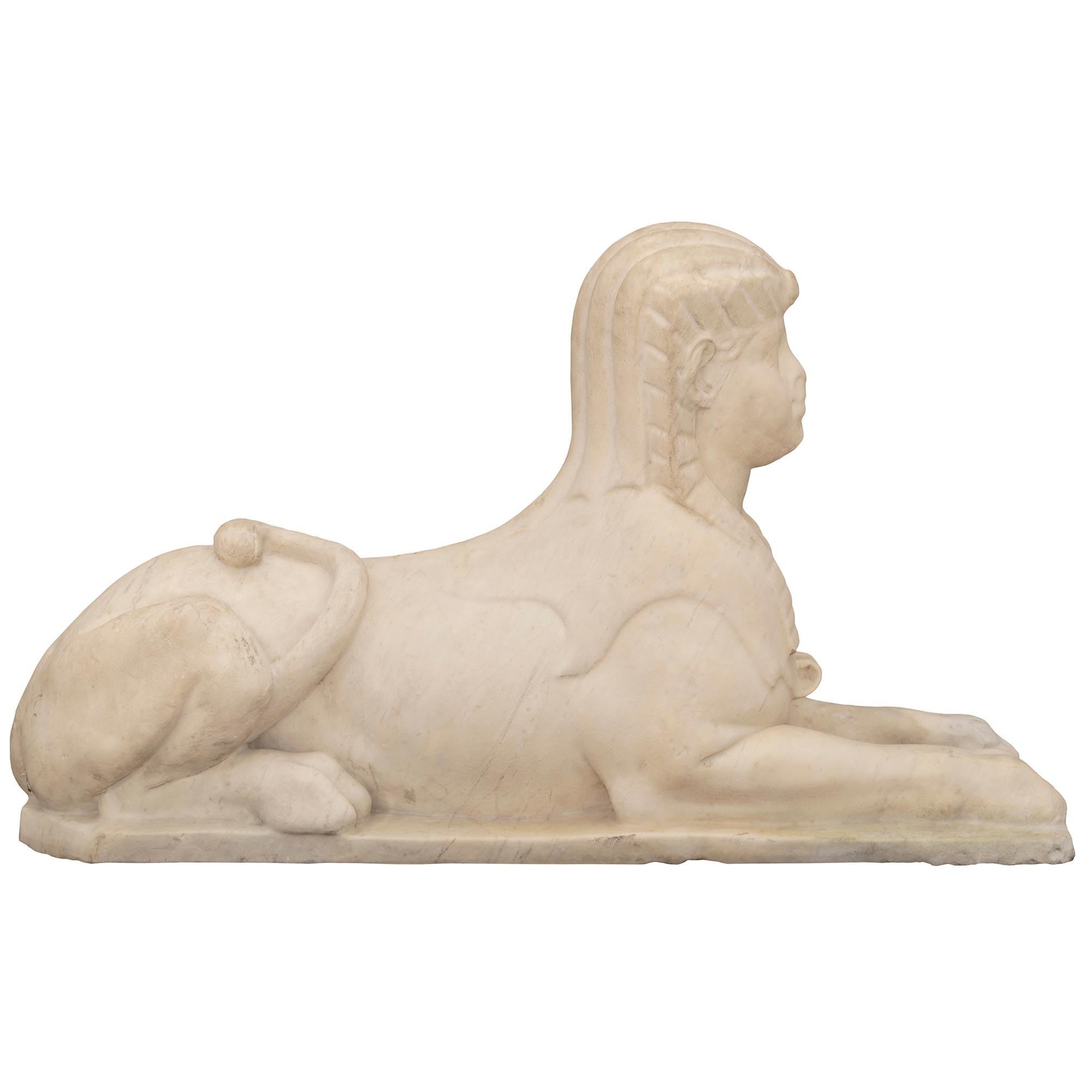 Pair of Italian 19th Century Neoclassical Style Marble Egyptian Sphinxes For Sale 1