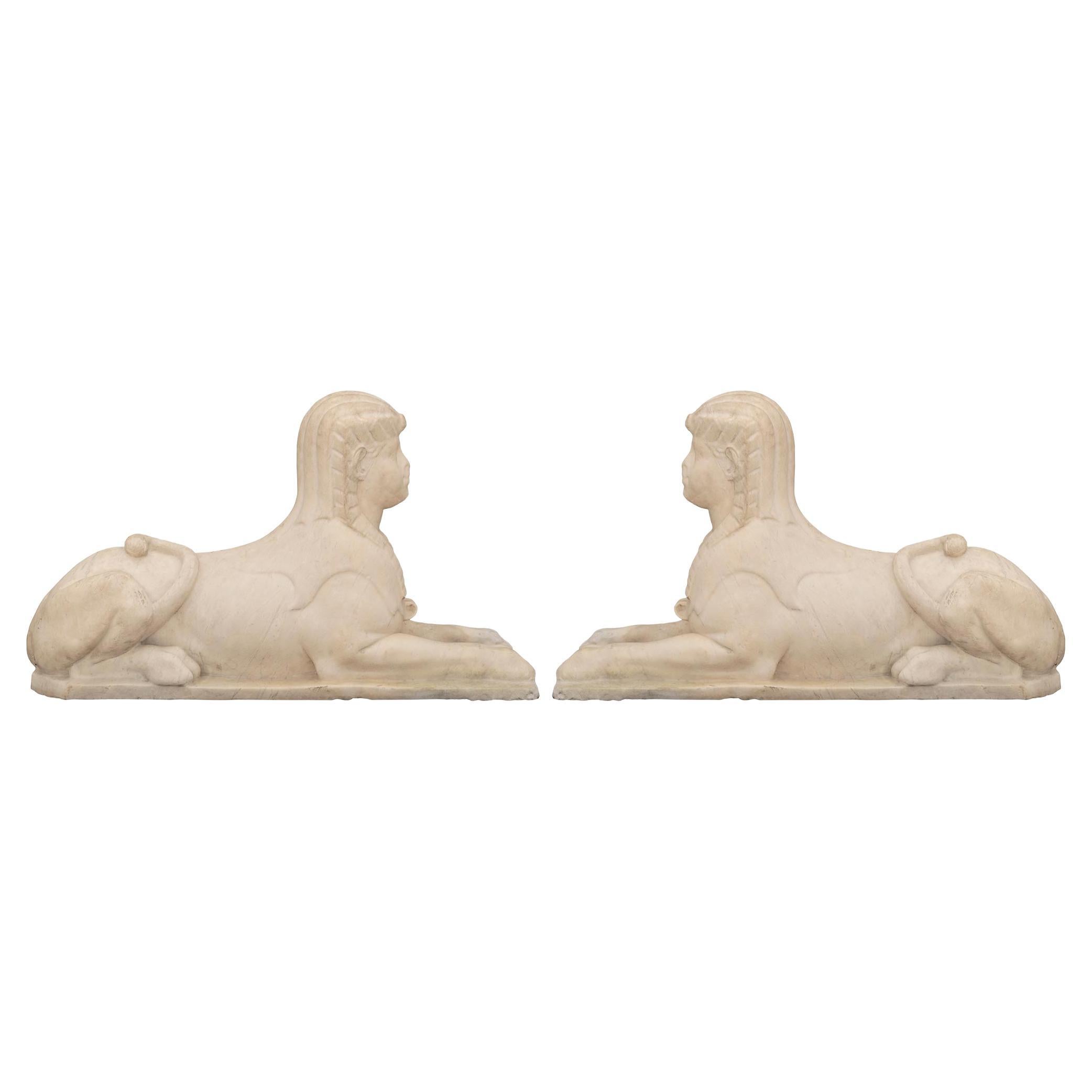 Pair of Italian 19th Century Neoclassical Style Marble Egyptian Sphinxes For Sale