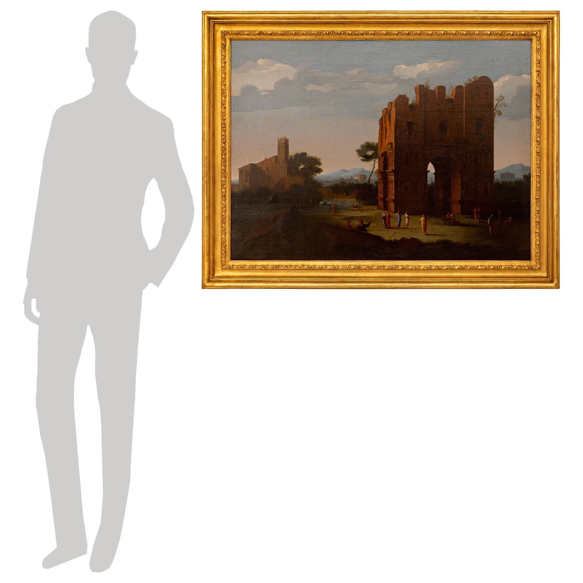 A striking and wonderfully detailed pair of Italian 17th century Oil on Canvas paintings, by Claude Lorrain. These wonderful paintings are set within rectangular Giltwood frames with an inner berried foliate band and mottled outer edges. Each