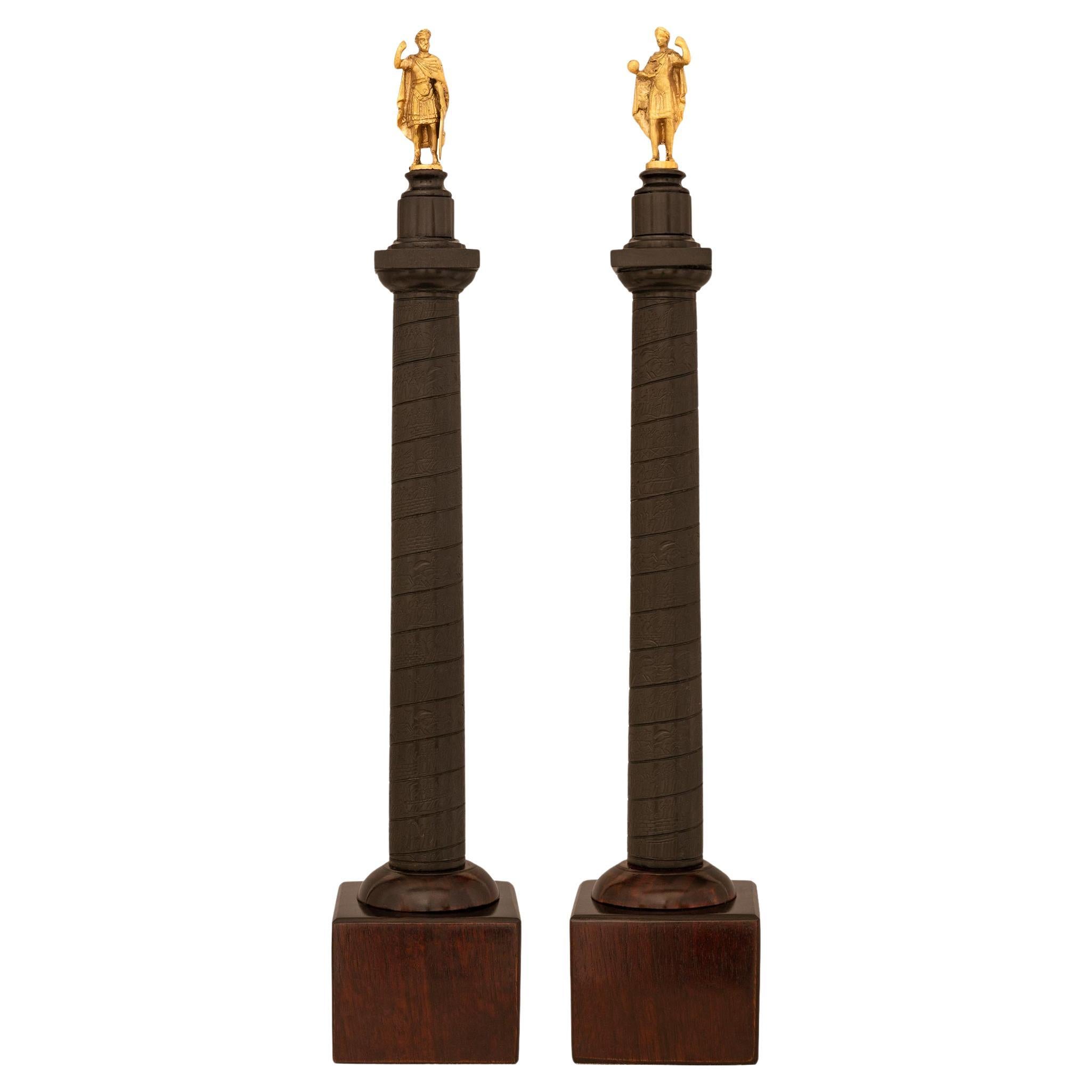 pair of Italian 19th century Ormolu, Mahogany, and bronze statues/columns For Sale