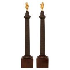 paire de statues/colonnes italiennes du 19e siècle en bronze, acajou et bronze doré