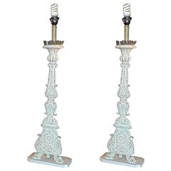 Pair of Italian 19th Century Painted Wood and Tin Church Candlestick Lamps