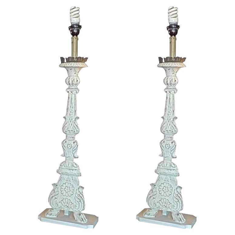 Pair of Italian 19th Century Painted Wood and Tin Church Candlestick Lamps For Sale