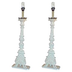 Pair of Italian 19th Century Painted Wood and Tin Church Candlestick Lamps