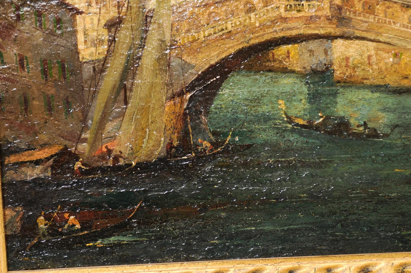 Paire de peintures italiennes du 19ème siècle représentant Venise dans des cadres noirs et or en vente 5