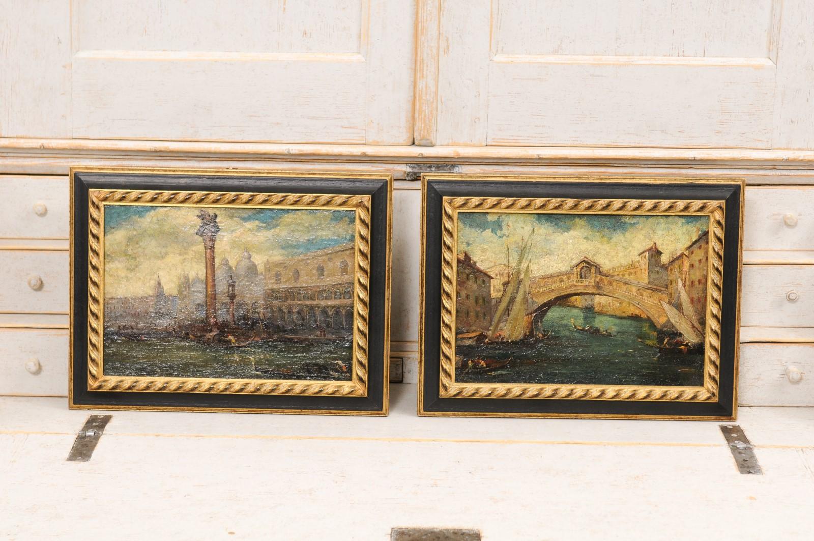 A pair of Italian framed oil on fiberboard paintings from the 19th century depicting Venice's Piazza San Marco and the Ponte del' Rialto. Created in Italy during the 19th century, each of this pair of framed paintings depicts a view from one of the