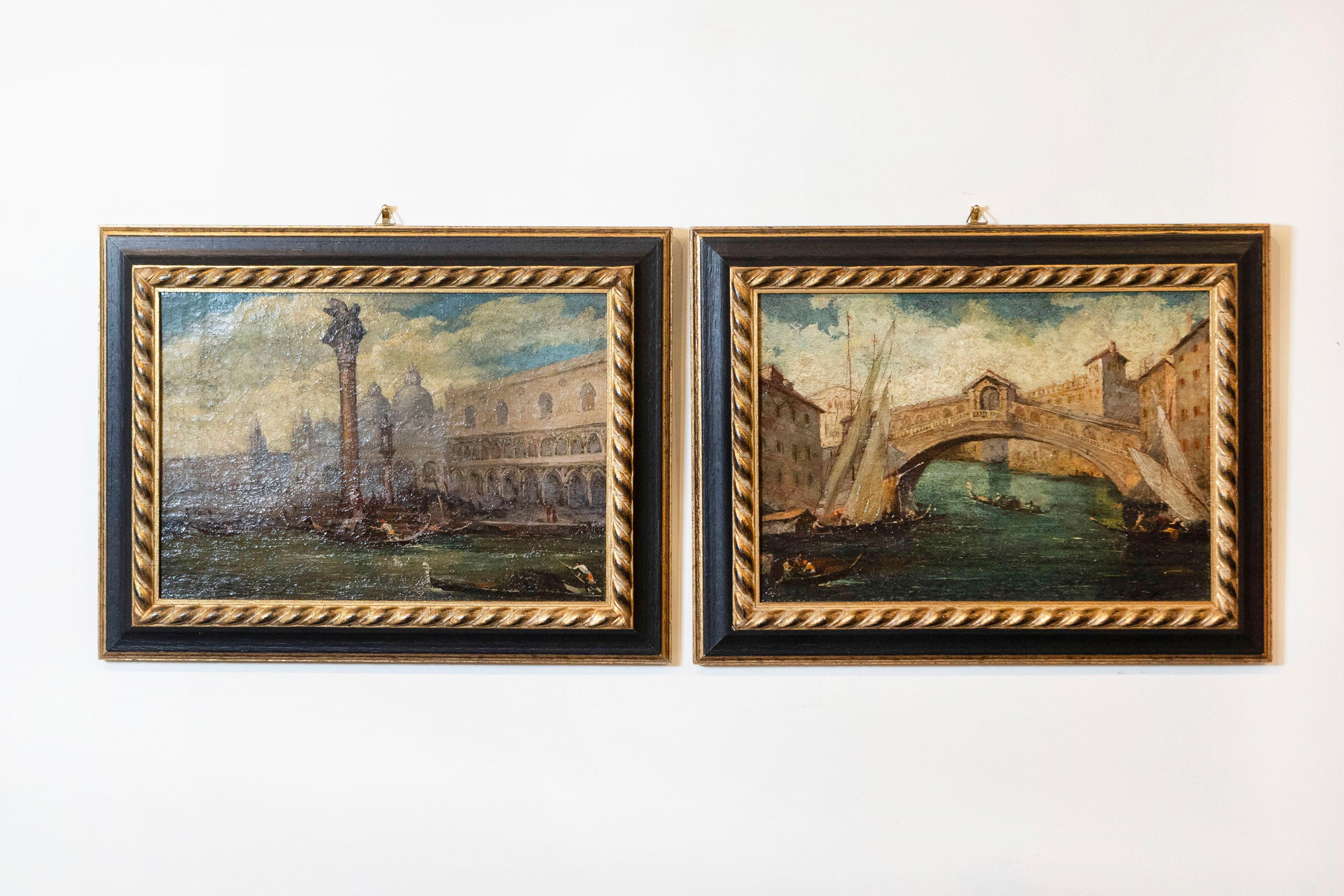 Una coppia di dipinti italiani incorniciati ad olio su cartone di fibra del XIX secolo che raffigurano Piazza San Marco e il Ponte del Rialto a Venezia. Creata in Italia nel XIX secolo, questa coppia di quadri incorniciati raffigura una veduta di