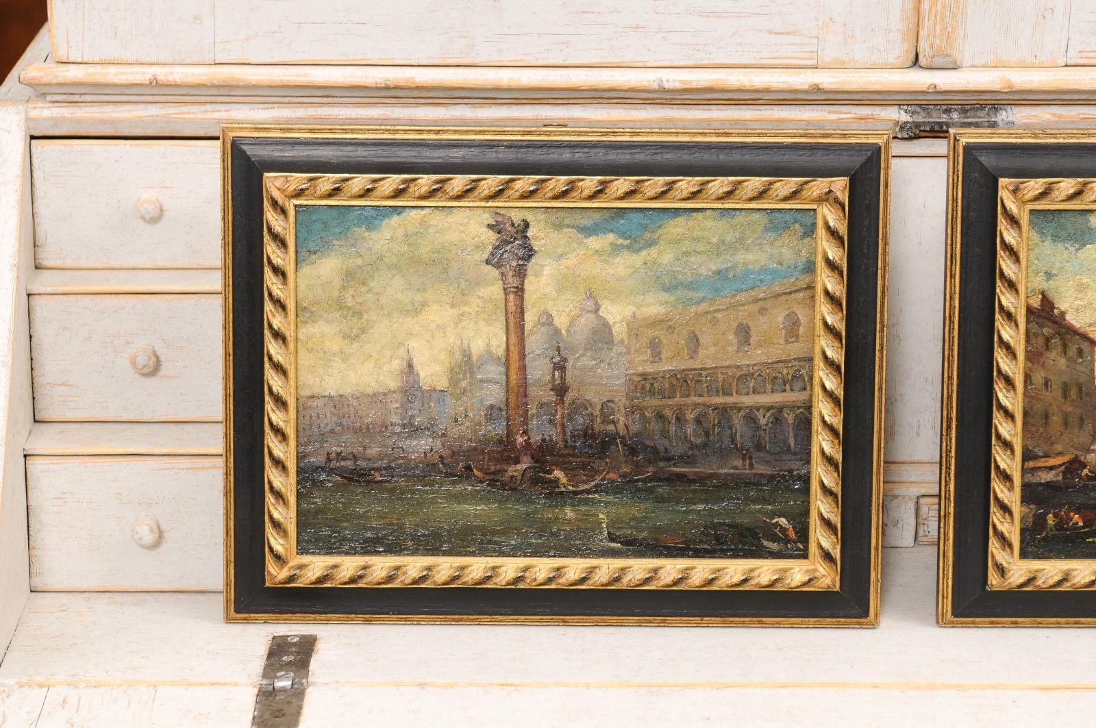 Carved Pair of Italian 19th Century Paintings Depicting Venice in Black and Gold Frames For Sale