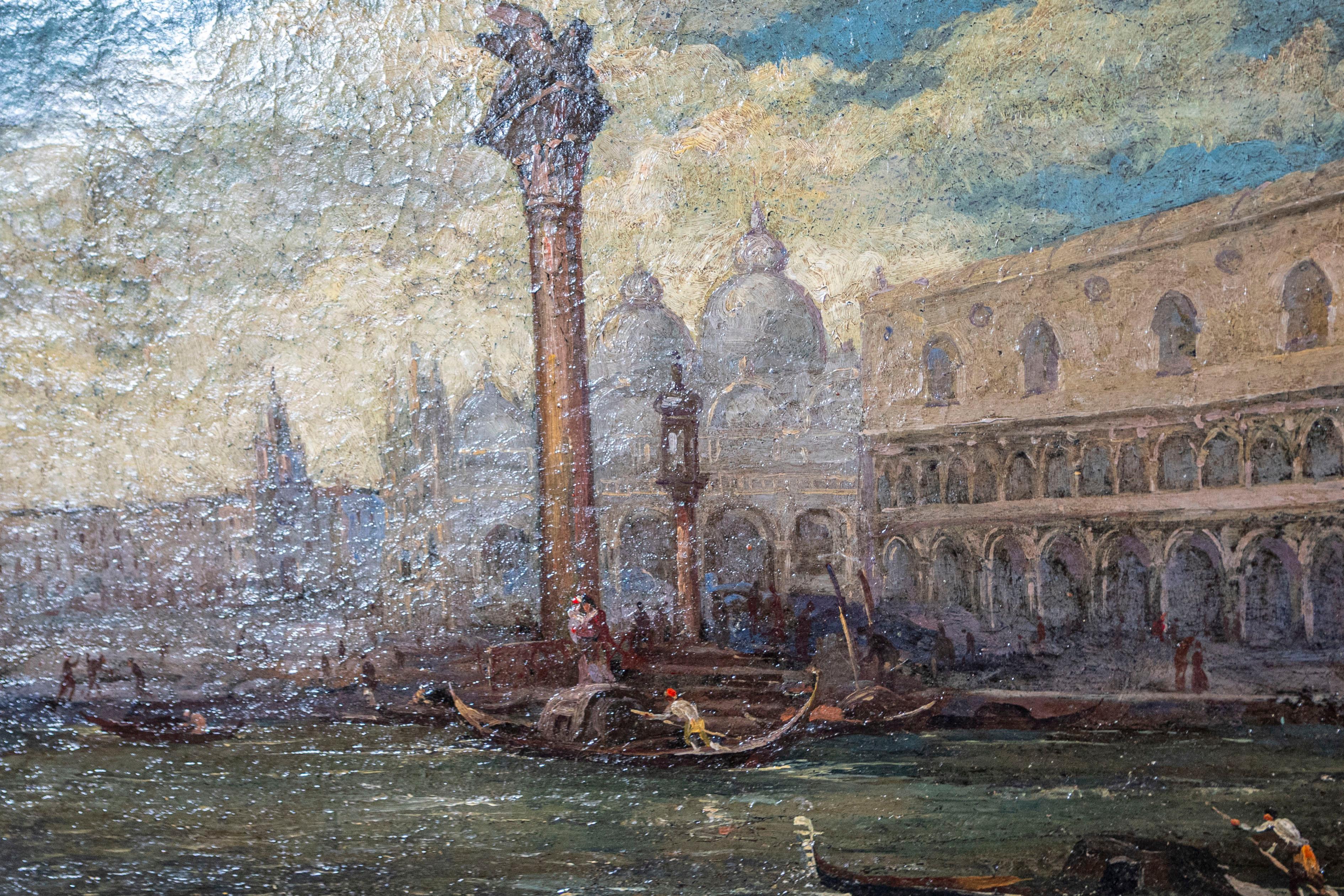 Coppia di quadri italiani del XIX secolo raffiguranti Venezia in cornici nere e dorate In condizioni buone a Atlanta, GA