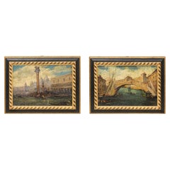 Pair of Italian 19th Century Paintings Depicting Venice in Black and Gold Frames
