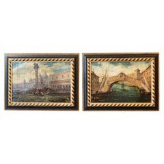 Pair of Italian 19th Century Paintings Depicting Venice in Black and Gold Frames