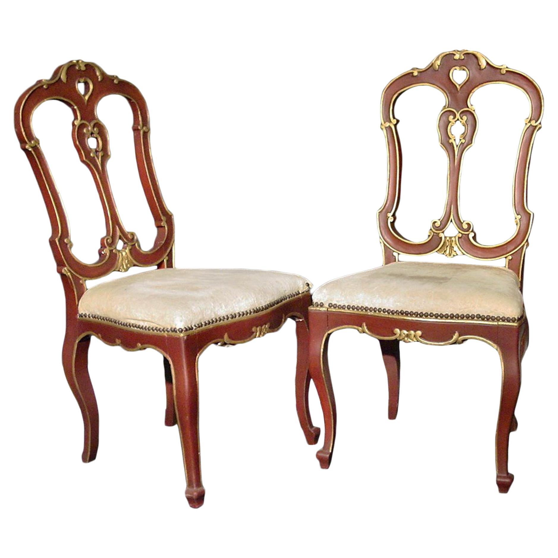 Pair of Italian 19th Century Patinated Red and Gilt Children’s Chairs For Sale