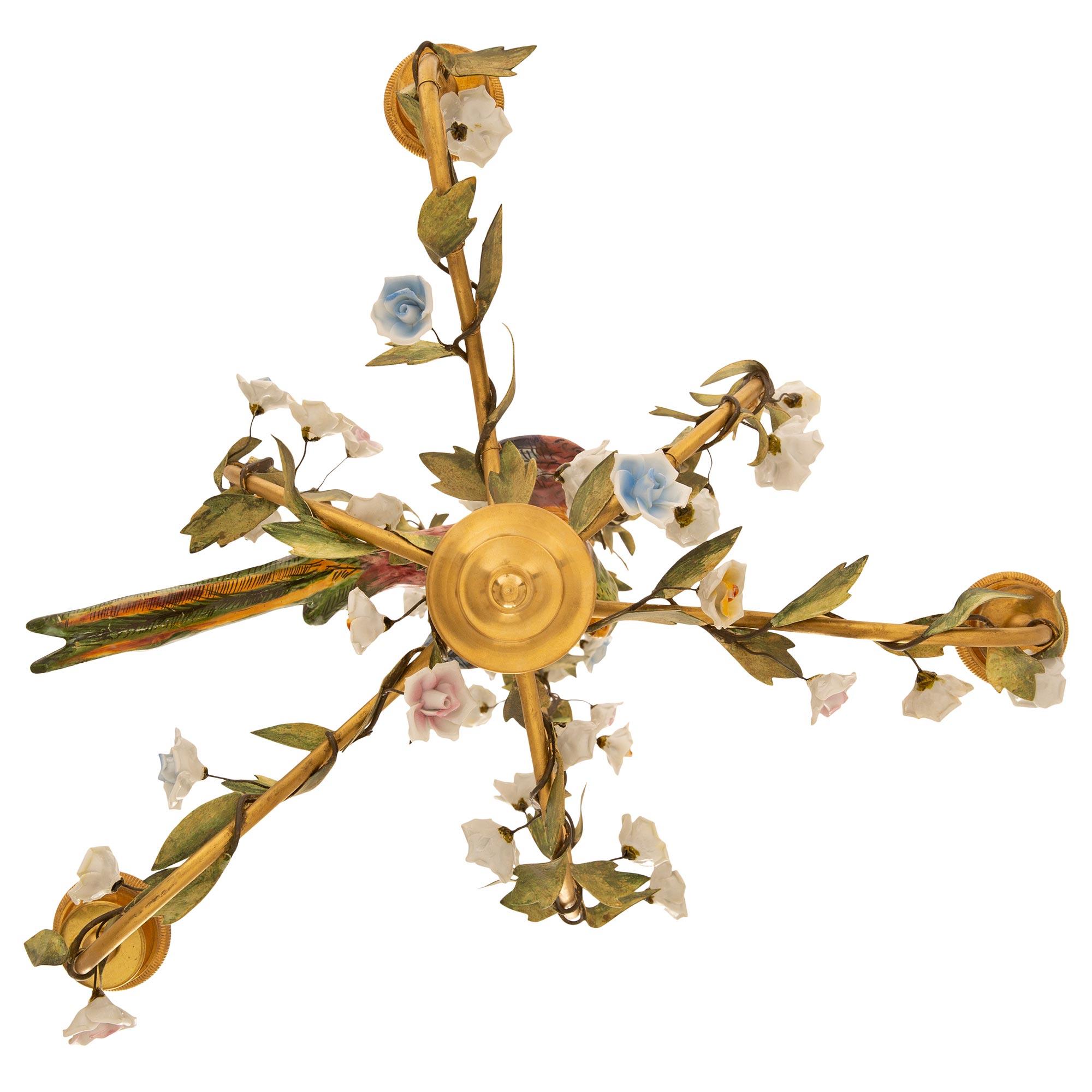 Pair of Italian 19th century patinated Tole, Porcelain & gilt metal chandeliers For Sale 3