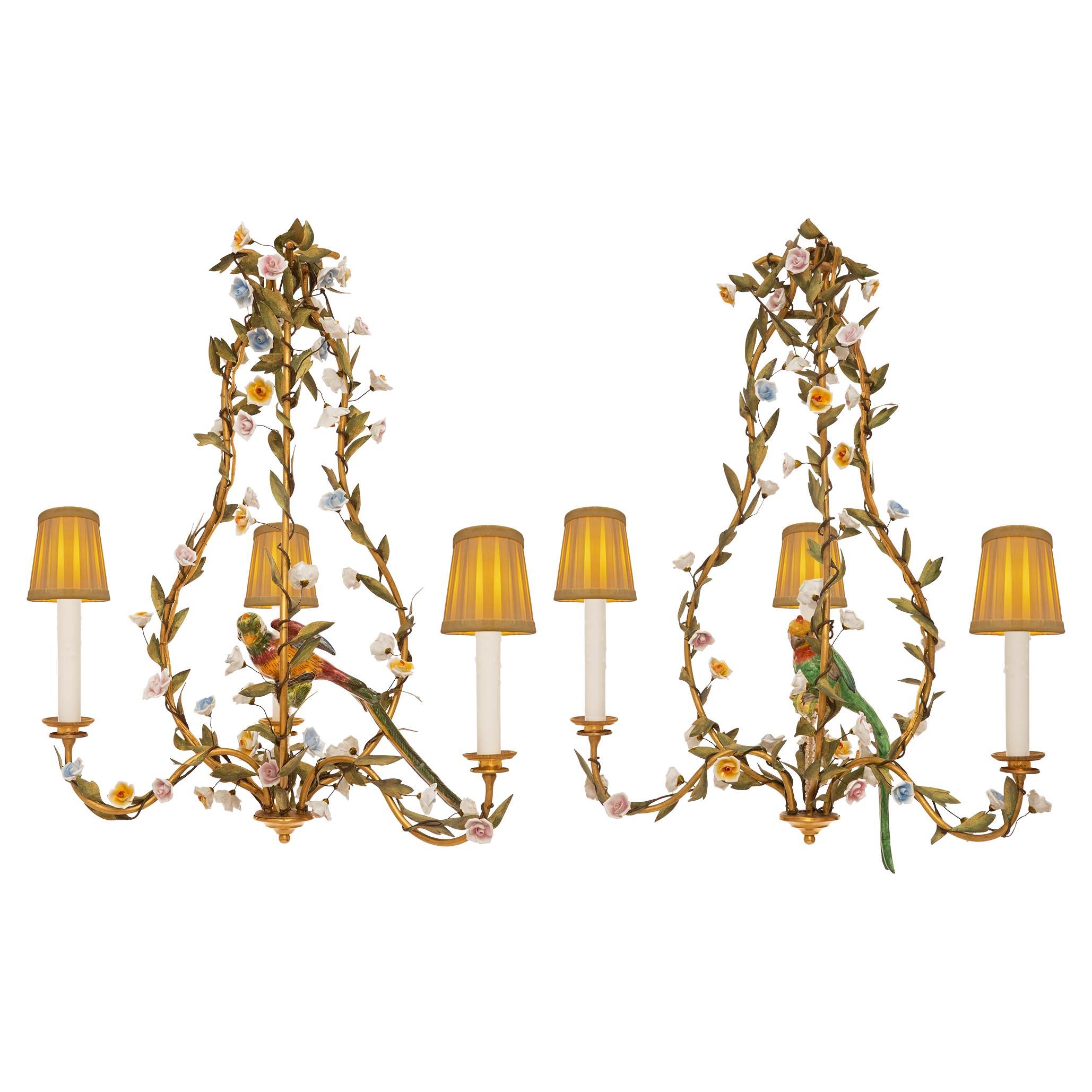 Pair of Italian 19th century patinated Tole, Porcelain & gilt metal chandeliers For Sale