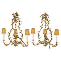 Used Pair of Italian 19th century patinated Tole, Porcelain & gilt metal chandeliers