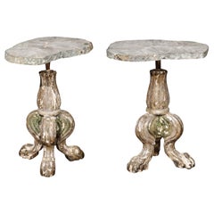 Antique Pair of Italian 19th Century Prickets Made into Tables with Agate Stone Tops