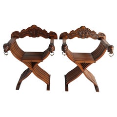Antique Pair of Italian 19th Century Renaissance Revival Savonarola Chair Lion Masks