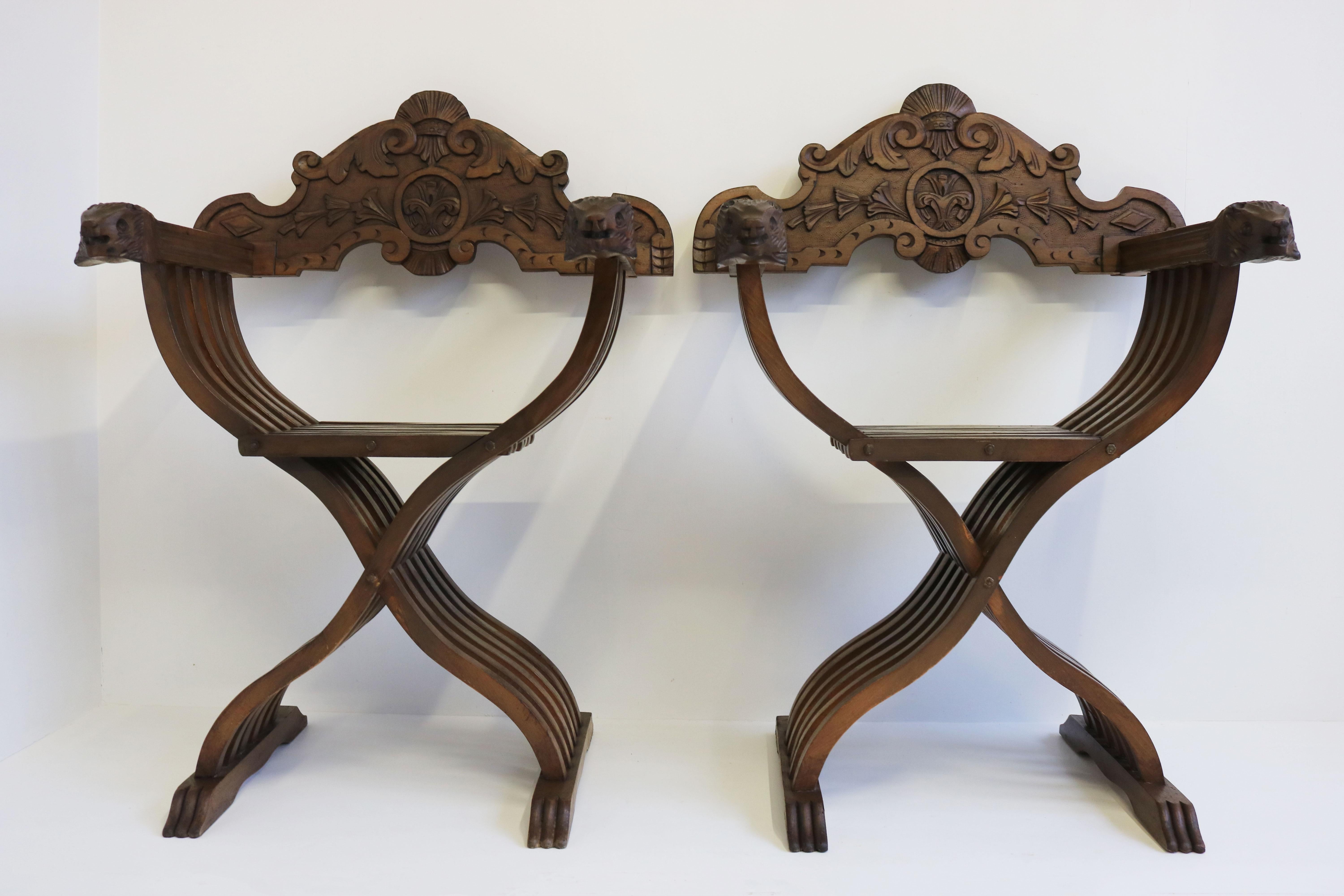 Pair of Italian 19th Century Renaissance Revival Savonarola Chair Side Chairs For Sale 4