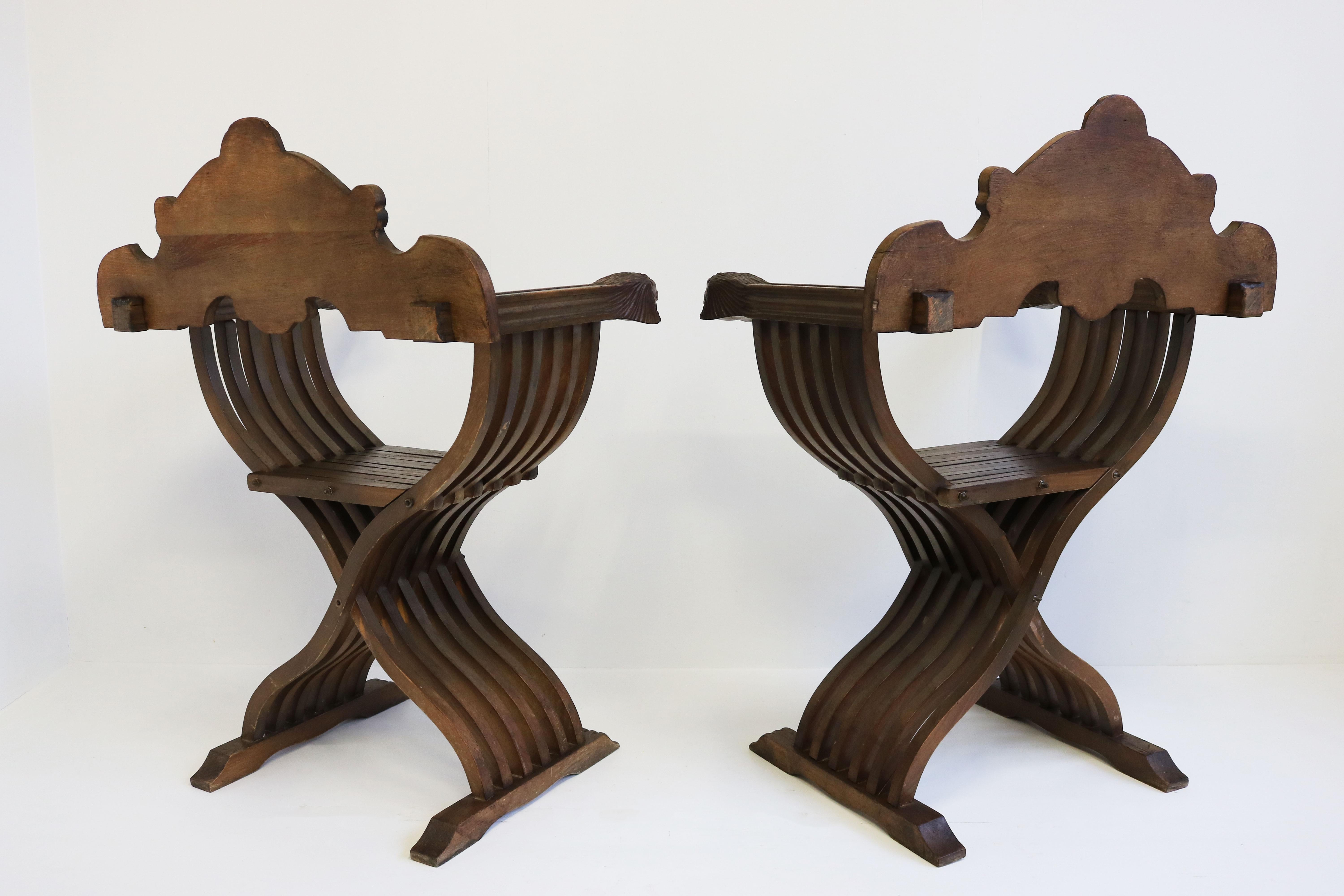 Pair of Italian 19th Century Renaissance Revival Savonarola Chair Side Chairs For Sale 5