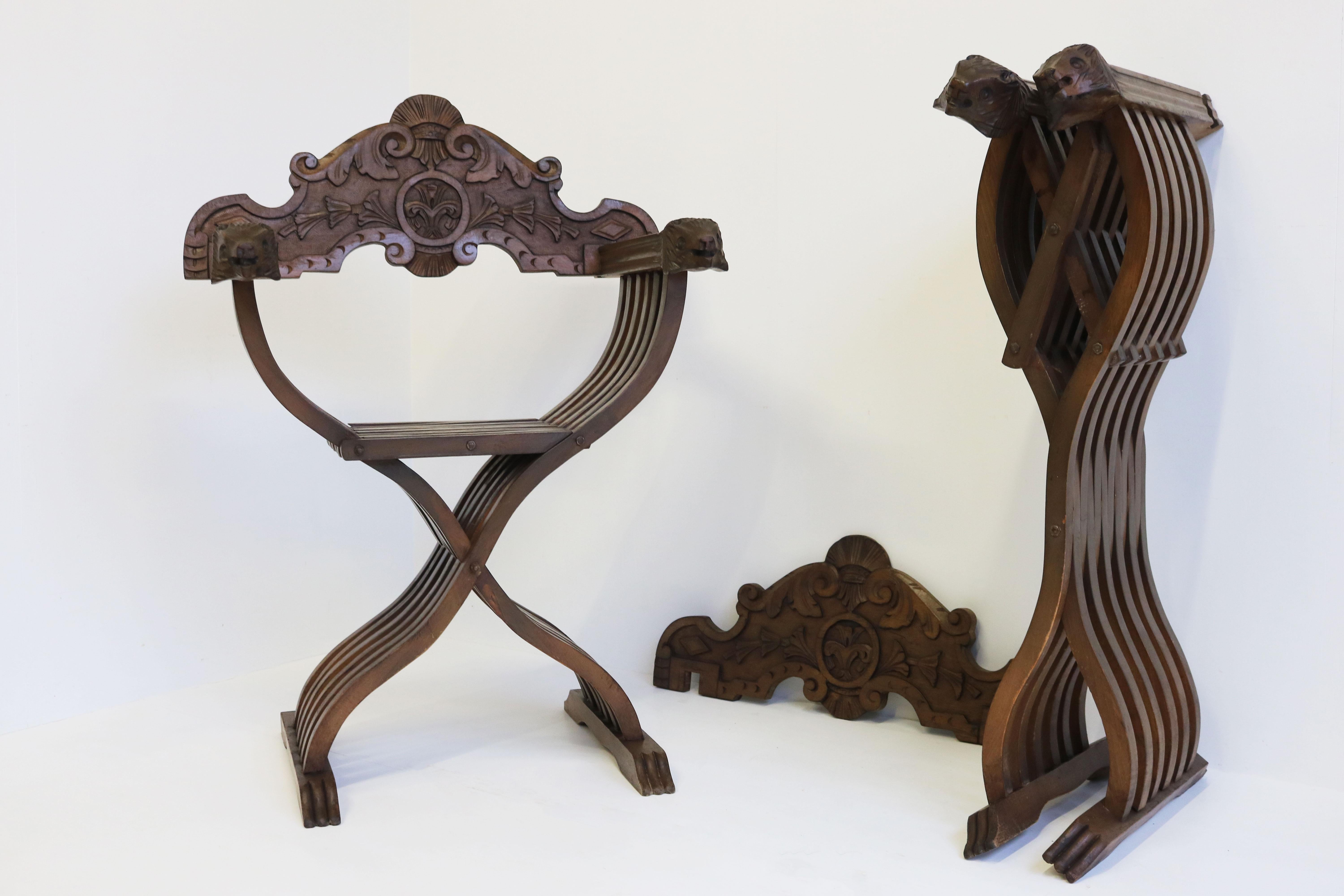 Pair of Italian 19th Century Renaissance Revival Savonarola Chair Side Chairs For Sale 6