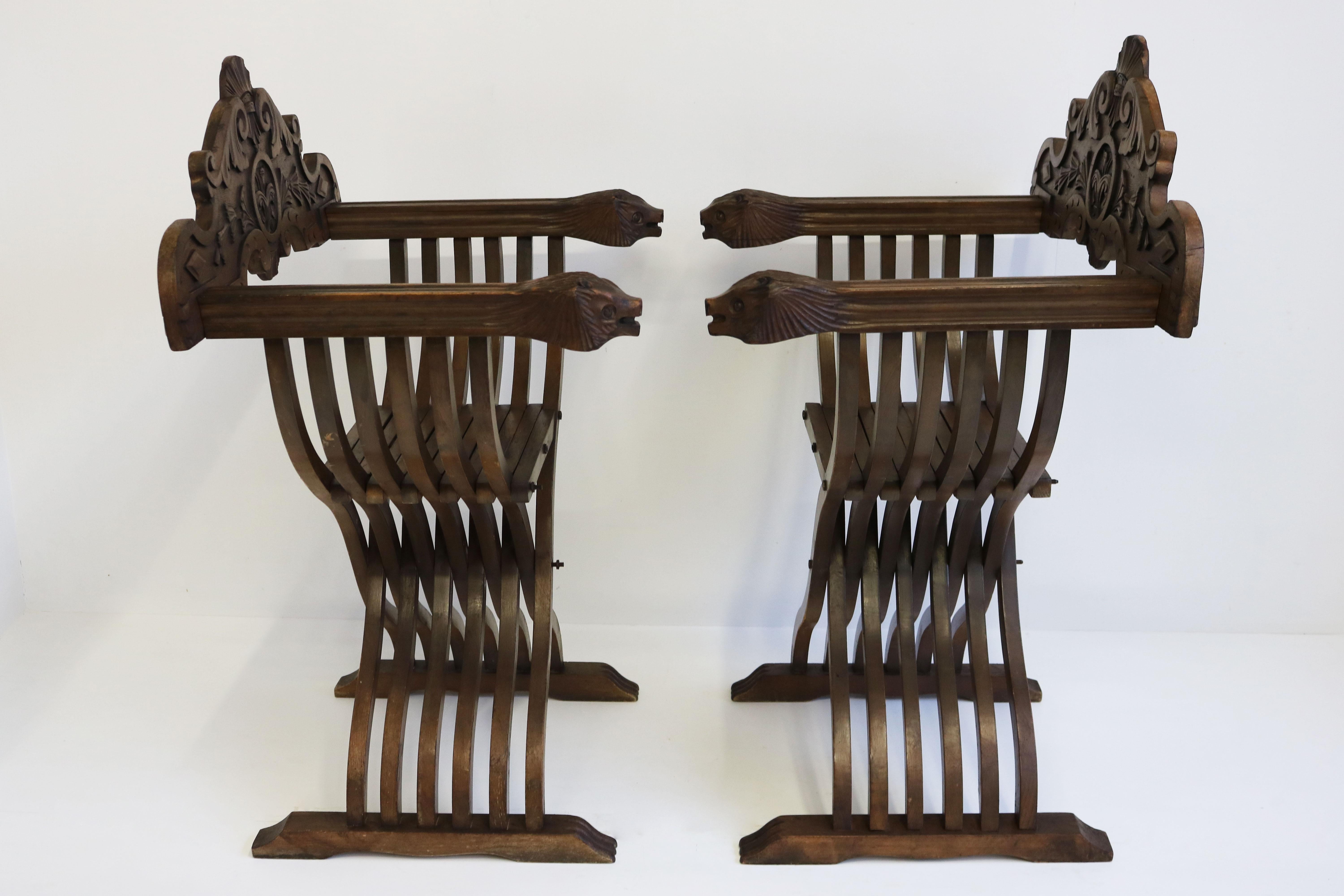 Pair of Italian 19th Century Renaissance Revival Savonarola Chair Side Chairs For Sale 1