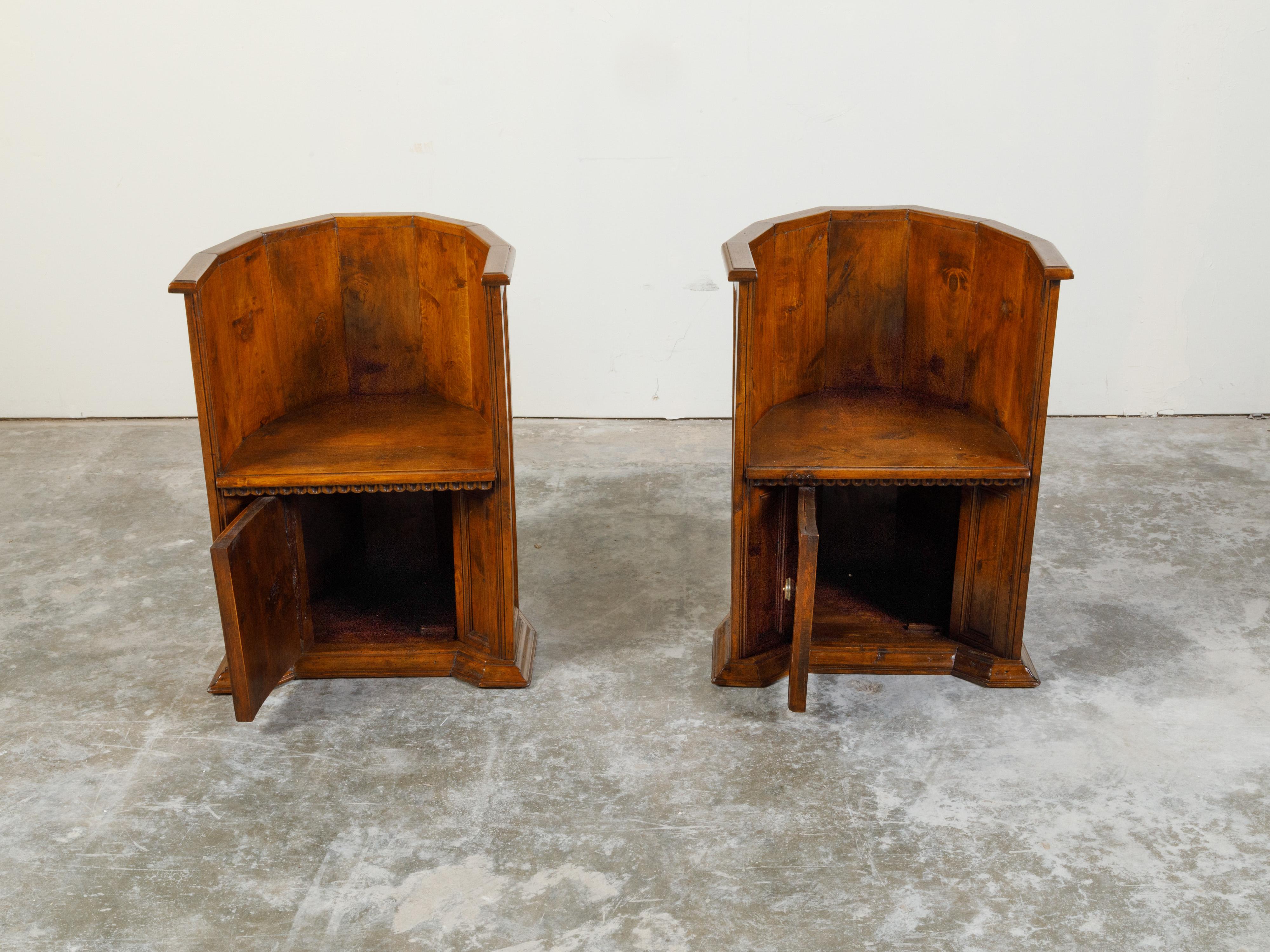 Carved Pair of Italian 19th Century Renaissance Style Wooden Chairs with Lower Doors For Sale