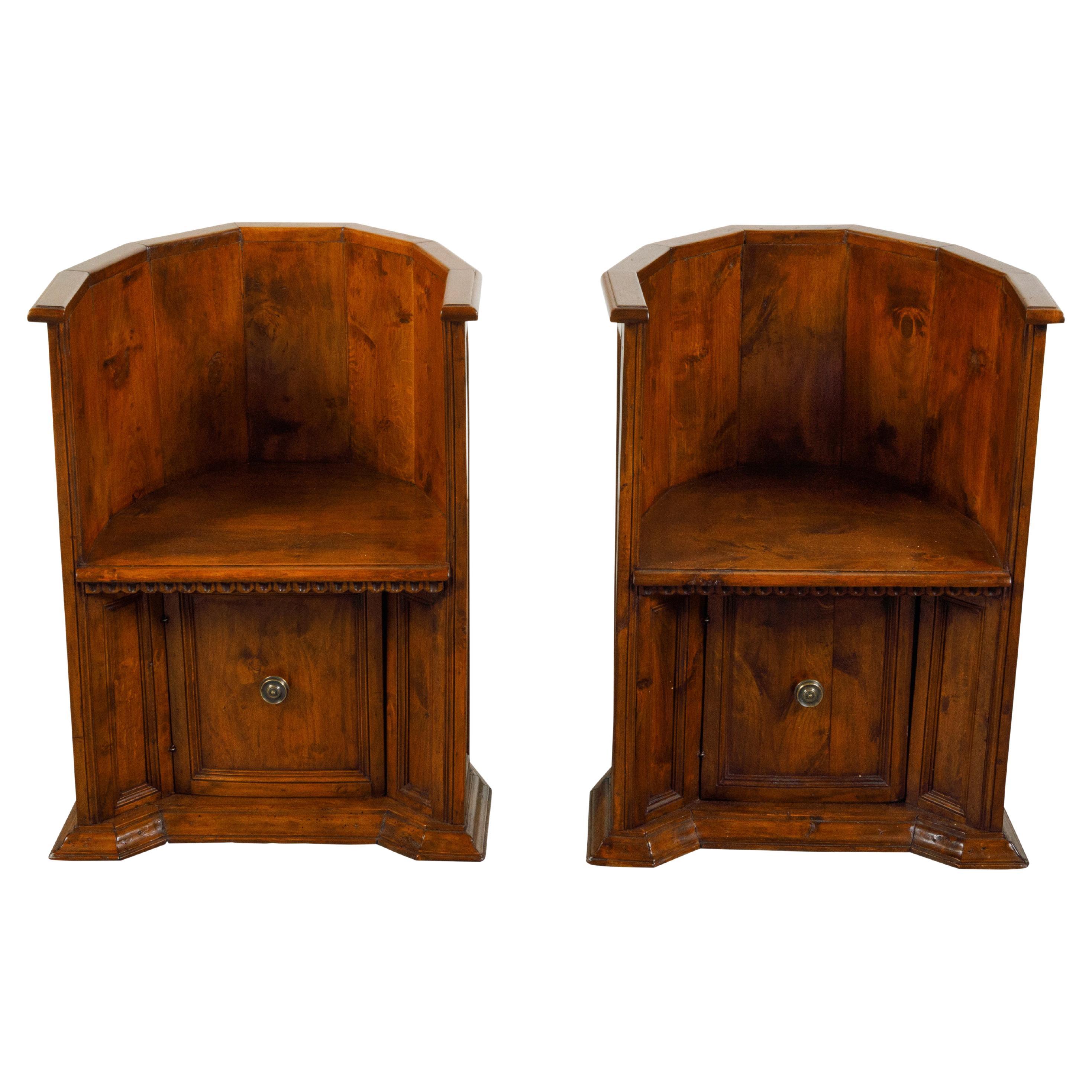 Pair of Italian 19th Century Renaissance Style Wooden Chairs with Lower Doors For Sale