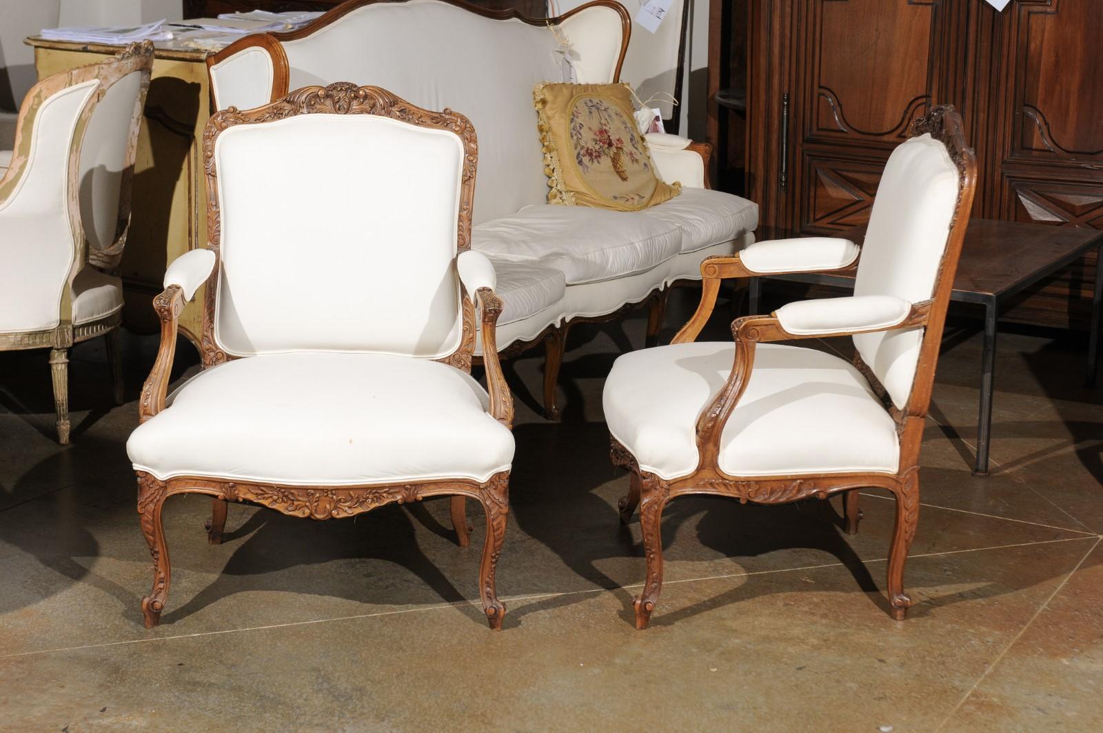 Pair of Italian 19th Century Rococo Style Carved Walnut Upholstered Armchairs For Sale 7