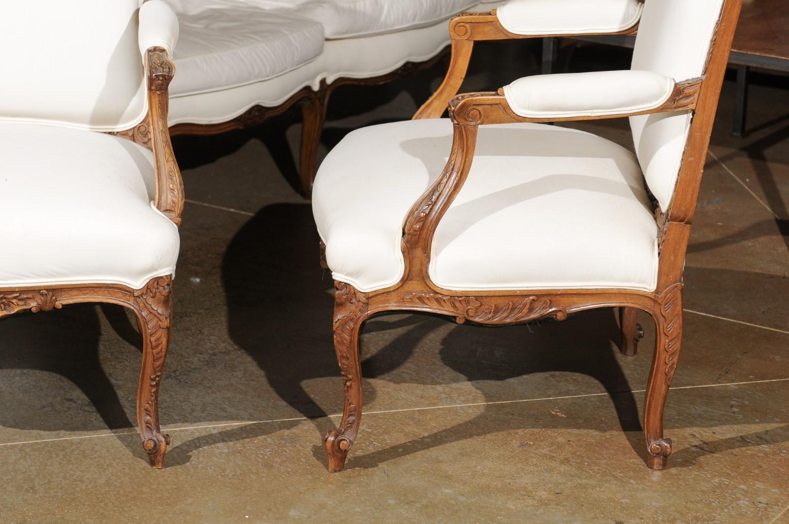Pair of Italian 19th Century Rococo Style Carved Walnut Upholstered Armchairs For Sale 8