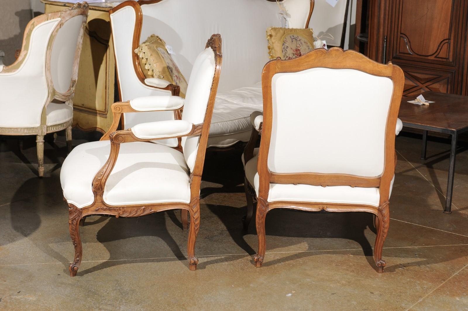 Pair of Italian 19th Century Rococo Style Carved Walnut Upholstered Armchairs For Sale 6