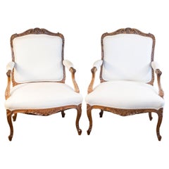 Pair of Italian 19th Century Rococo Style Carved Walnut Upholstered Armchairs