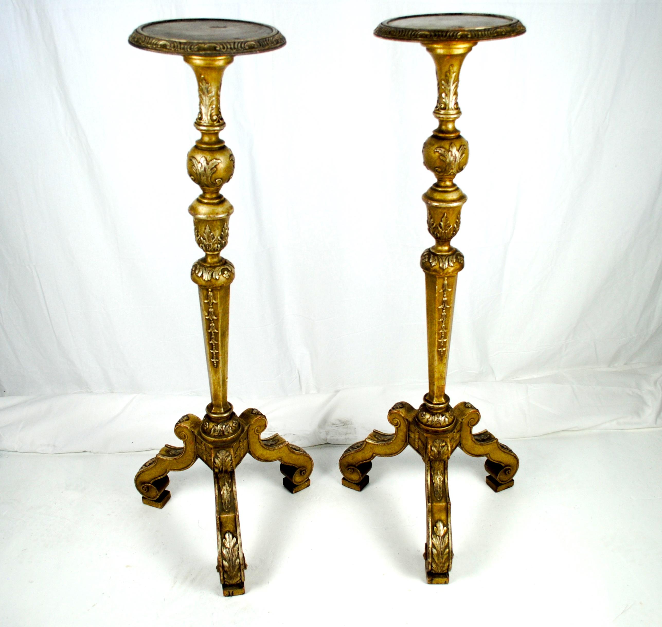 Carved Pair of Italian 19th Century Silver Guilt Torcheres or Candlesticks For Sale