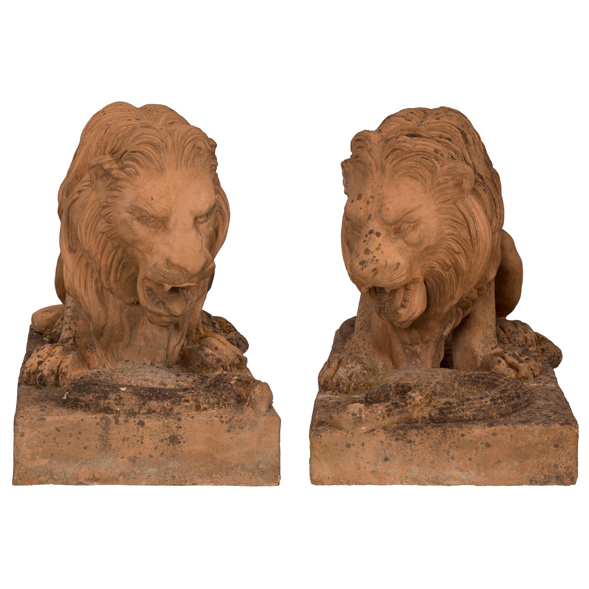 Terracotta Pair of Italian 19th Century Terra Cotta Statues of Lions, Circa 1850 For Sale