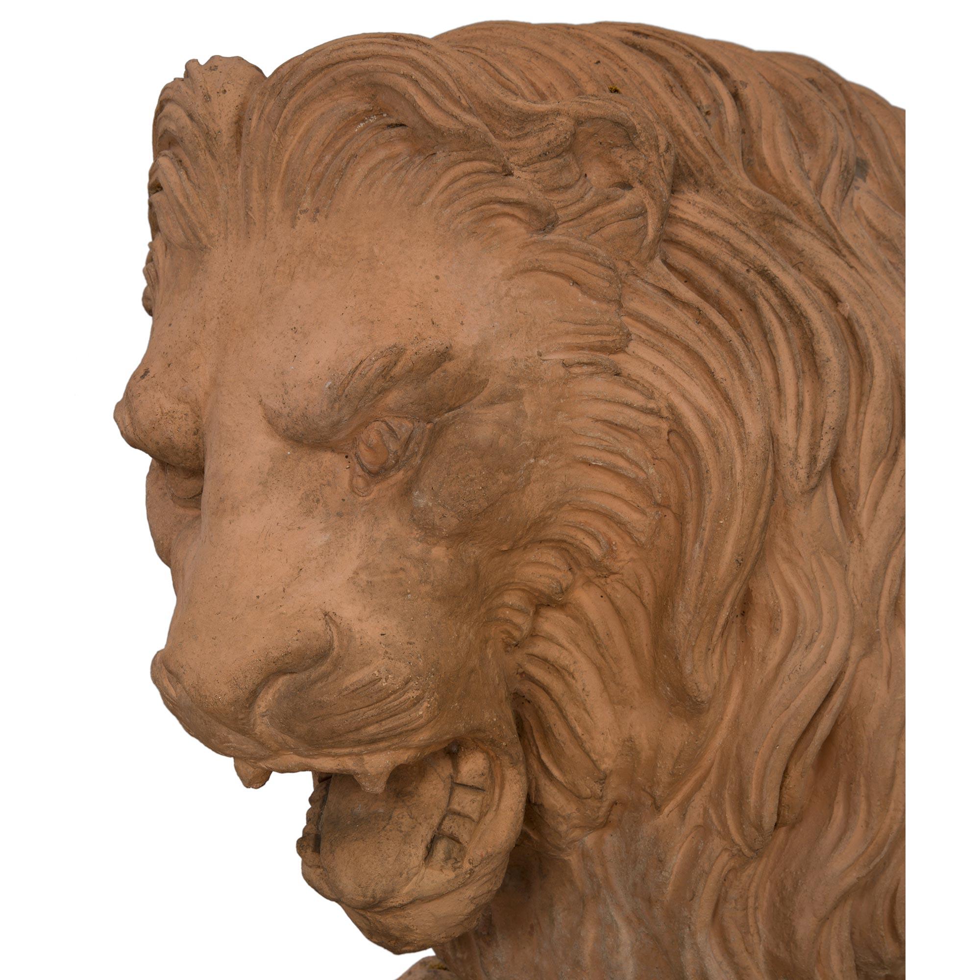 Pair of Italian 19th Century Terra Cotta Statues of Lions, Circa 1850 For Sale 2