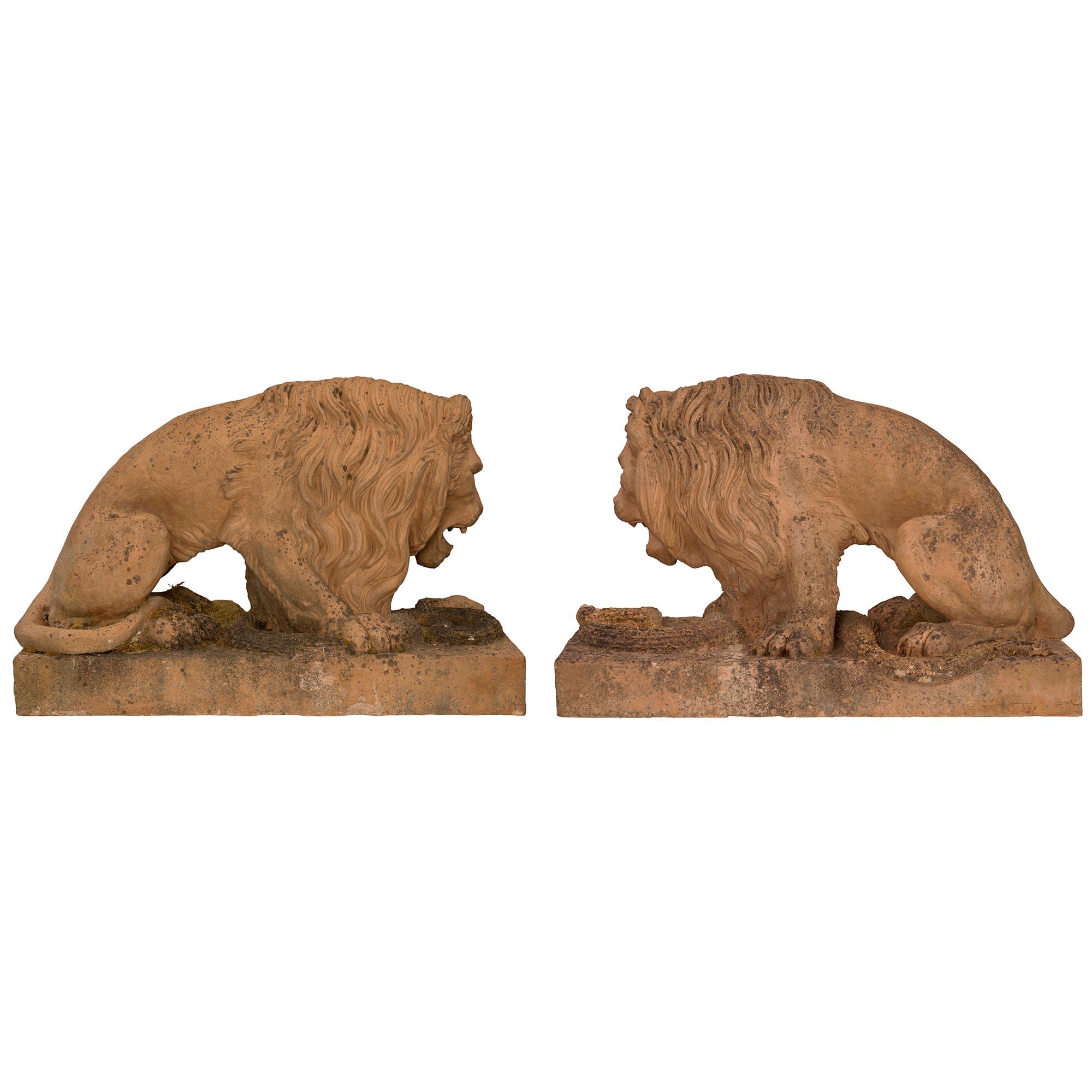 Pair of Italian 19th Century Terra Cotta Statues of Lions, Circa 1850 For Sale 5