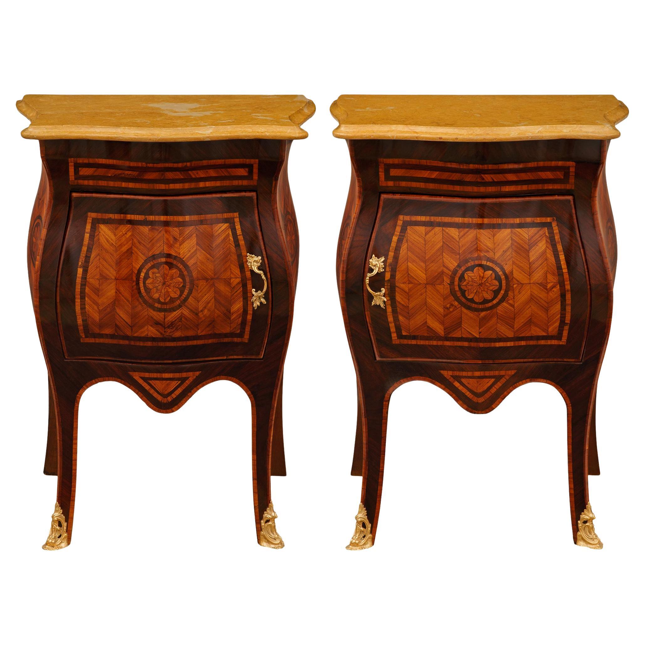 pair of Italian 19th century Tulipwood, Kingwood, Marble and Ormolu side tables