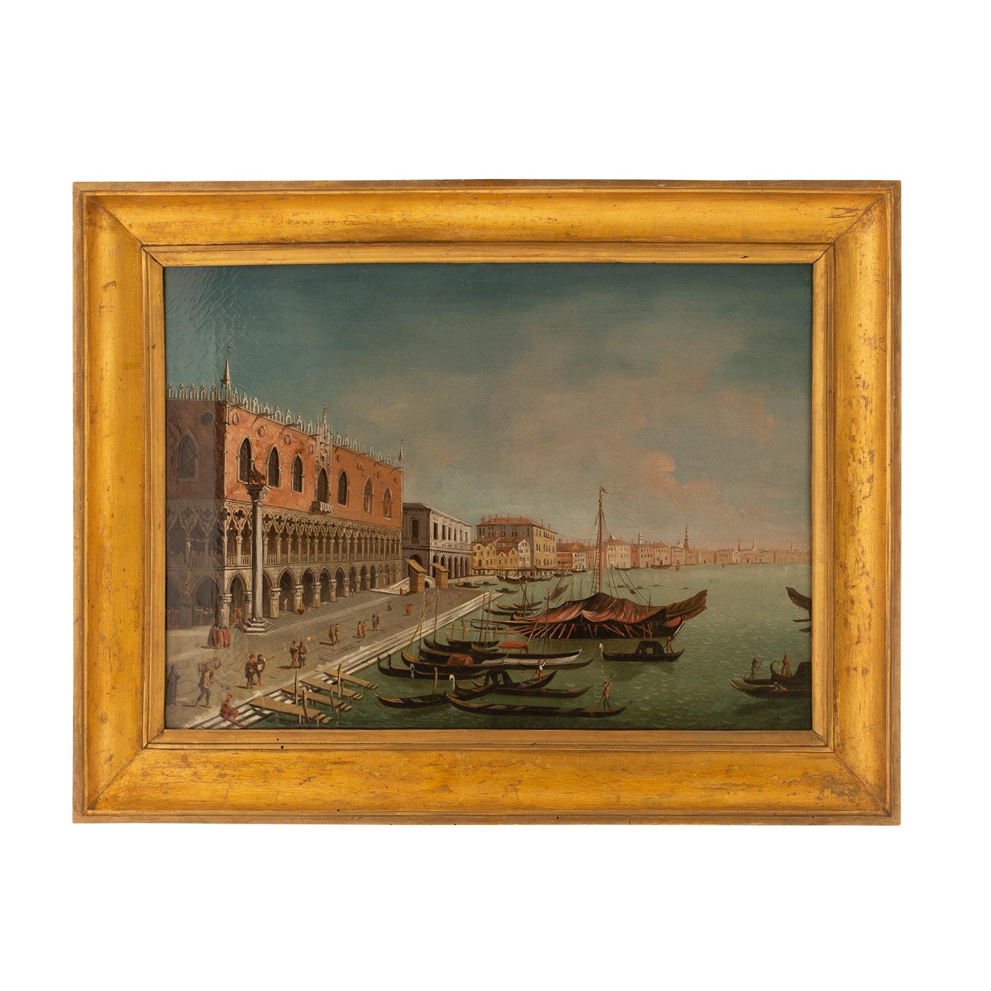 A striking pair of Italian 19th century Venetian oil on canvas paintings. Each painting is set within their original giltwood frame. The charming scenes depict Venice and show the canals and Piazza San Marco. All original gilt throughout.

  