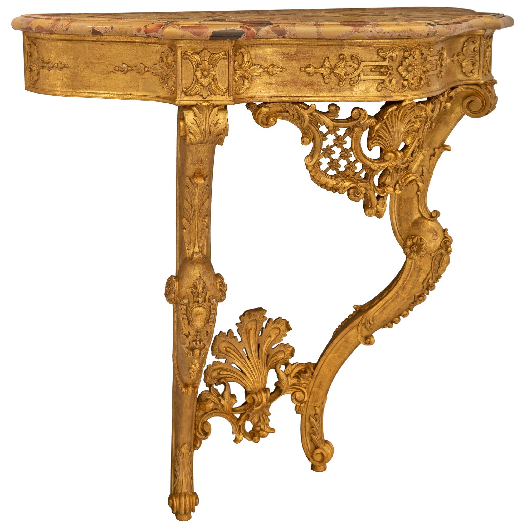Pair Of Italian 19th Century Venetian St. Giltwood And Marble Console In Good Condition For Sale In West Palm Beach, FL