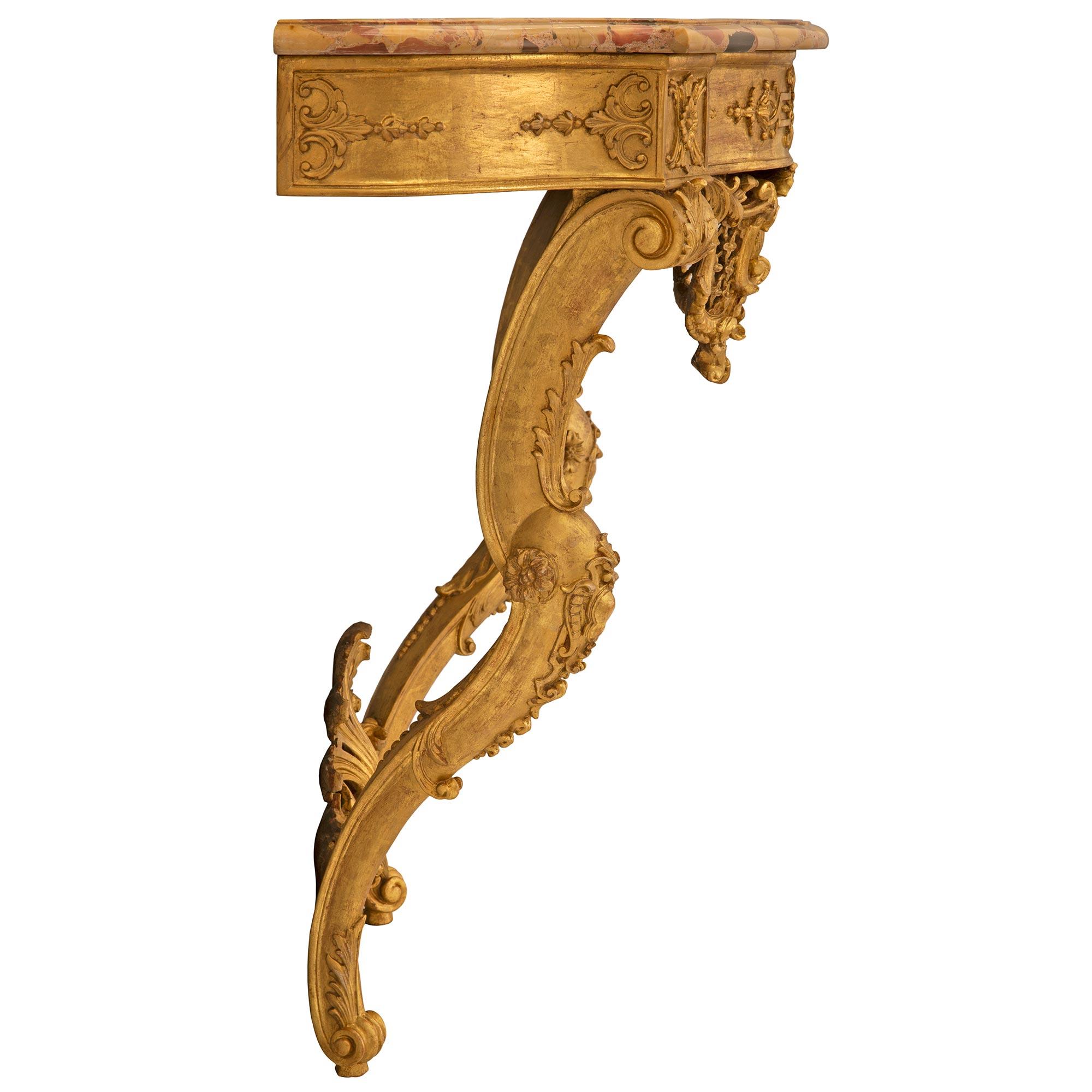Pair Of Italian 19th Century Venetian St. Giltwood And Marble Console For Sale 1
