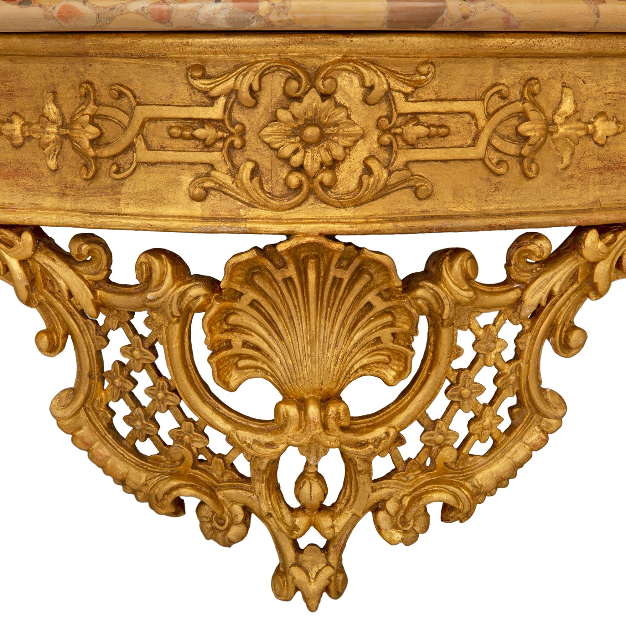 Pair Of Italian 19th Century Venetian St. Giltwood And Marble Console For Sale 3
