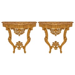 Pair Of Italian 19th Century Venetian St. Giltwood And Marble Console