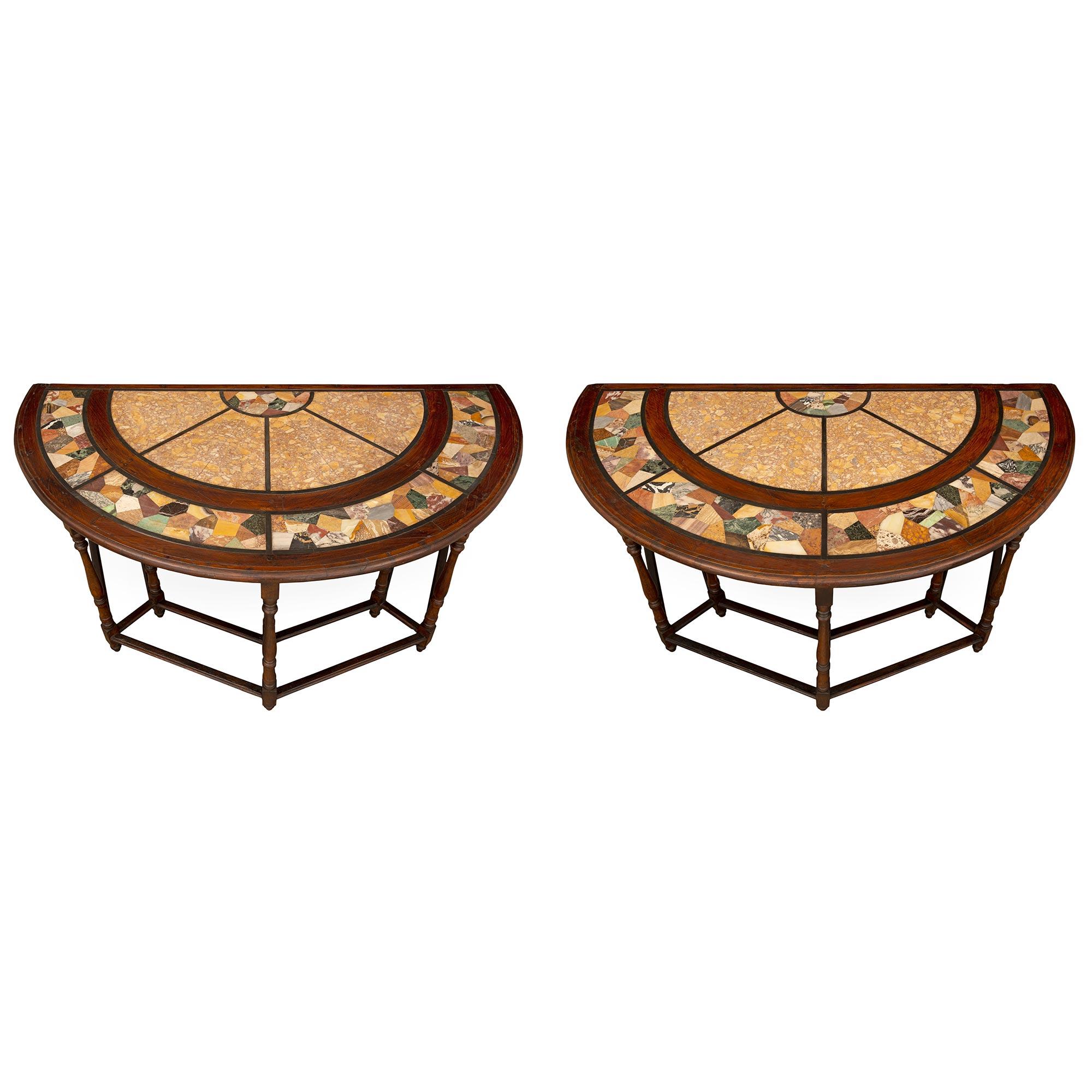Pair of Italian 19th Century Walnut and Pietra Dura Consoles/Center Tables In Good Condition For Sale In West Palm Beach, FL