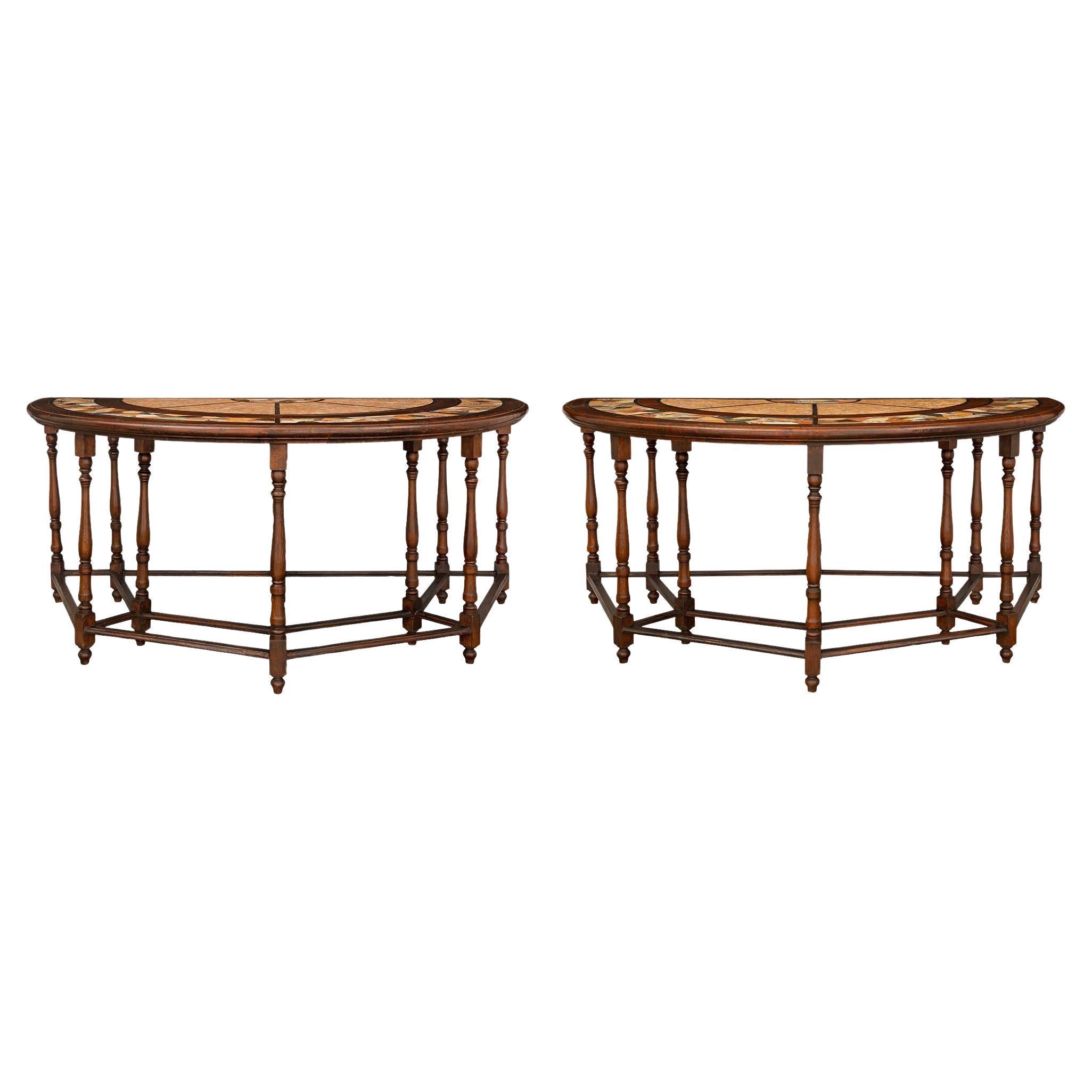 Pair of Italian 19th Century Walnut and Pietra Dura Consoles/Center Tables For Sale