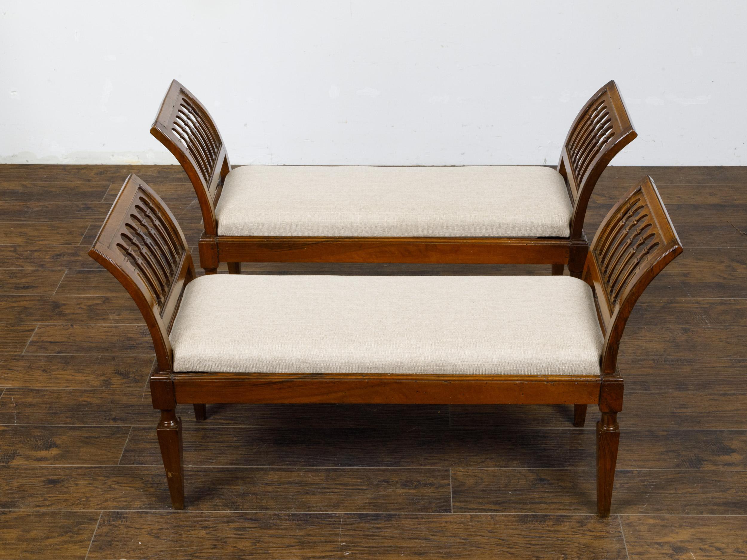 Pair of Italian 19th Century Walnut Benches with Out Scrolling Side Supports For Sale 2